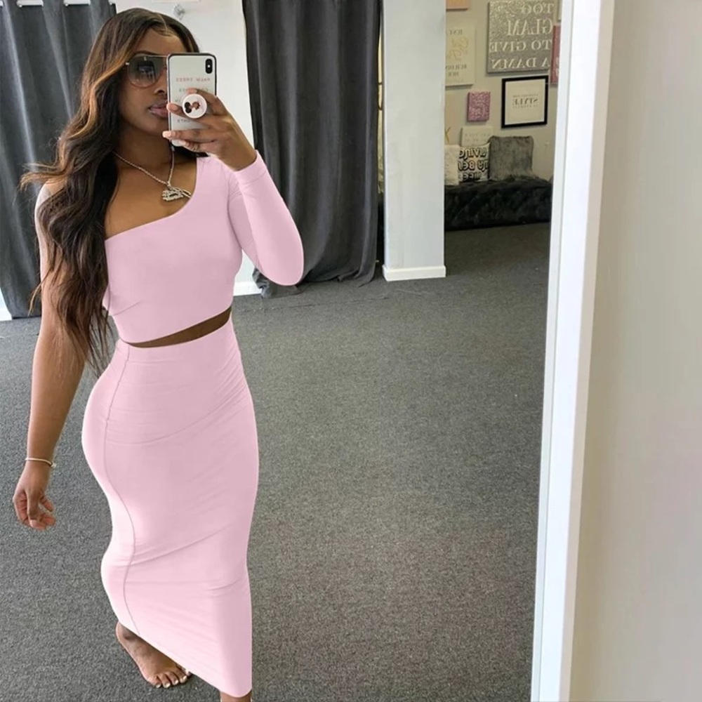 Women’s Skirt Set with Cropped Single Sleeve top and mid calf skirt.